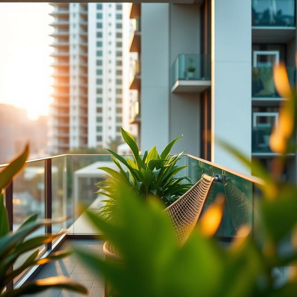 Re-slung condo balcony armchair in Batyline mesh overlooking a Singapore skyline at golden hour