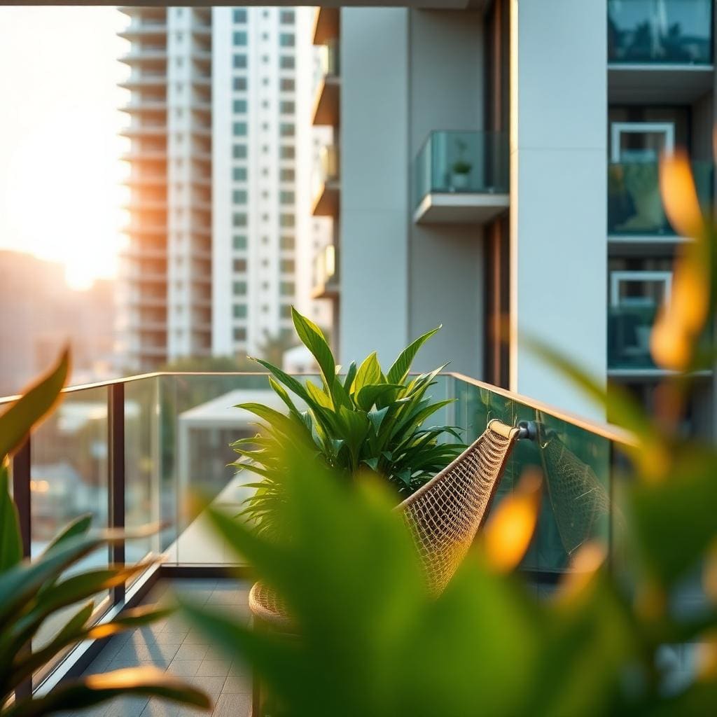 Re-slung condo balcony armchair in Batyline mesh overlooking a Singapore skyline at golden hour
