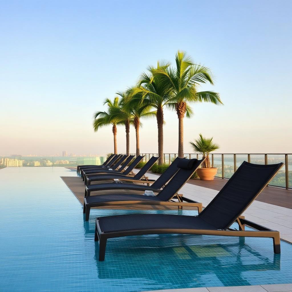Row of luxury hotel pool patio sun loungers re-slung in dark charcoal Batyline mesh beside an infinity pool