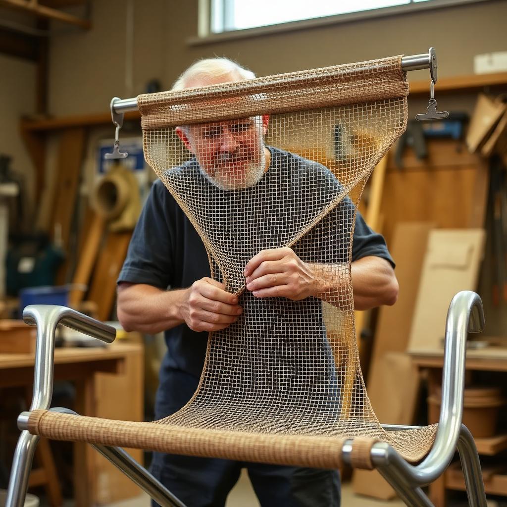 Craftsman stretching Batyline mesh onto an aluminium sling chair frame in the Hong Heng workshop